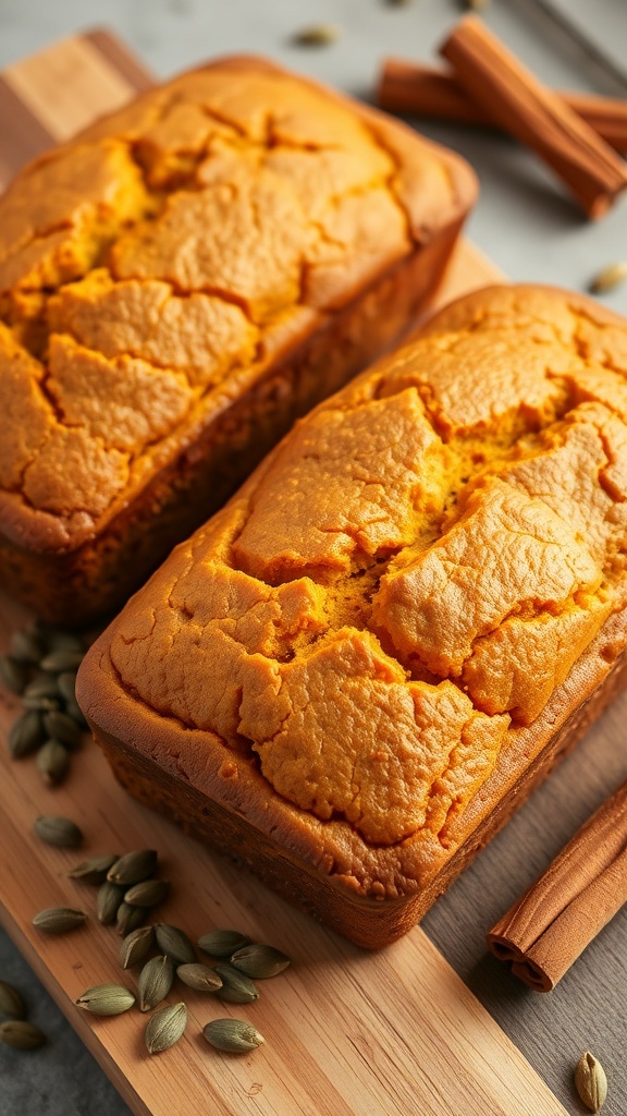 Two loaves of golden brown pumpkin bread on a wooden board with pumpkin seeds and cinnamon sticks.